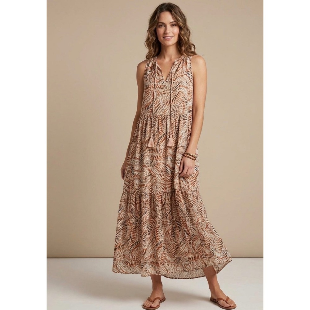 Emily Daniels Sleeveless Printed Maxi Dress in Cream and Brown Tones